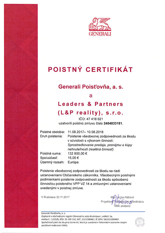 Poistný certifikát Generali Poisťovňa, a.s.