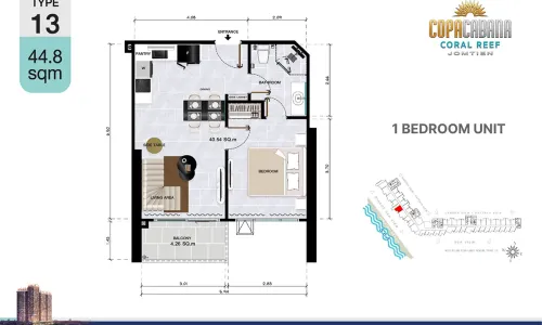 Vzorový 1 izbový apartmán 44,8 m², typ 13