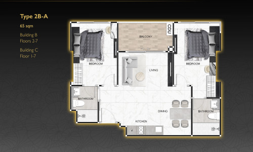 Vzorový 2 izbový apartmán 65 m² typ 2B-A