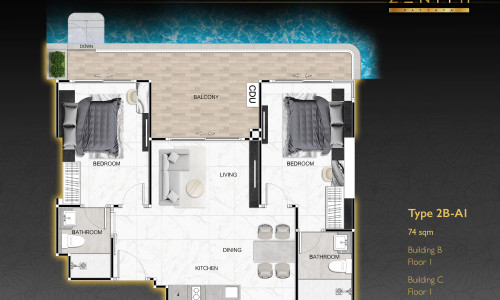Vzorový 2 izbový apartmán s prístupom do bazéna 74 m² typ 2B-AI