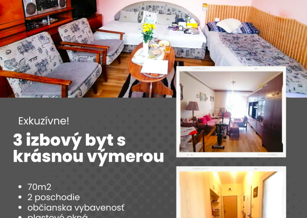 REZERVOVANÉ! Veľkorysý 3 izbový byt v tichej lokalite mesta Ilava