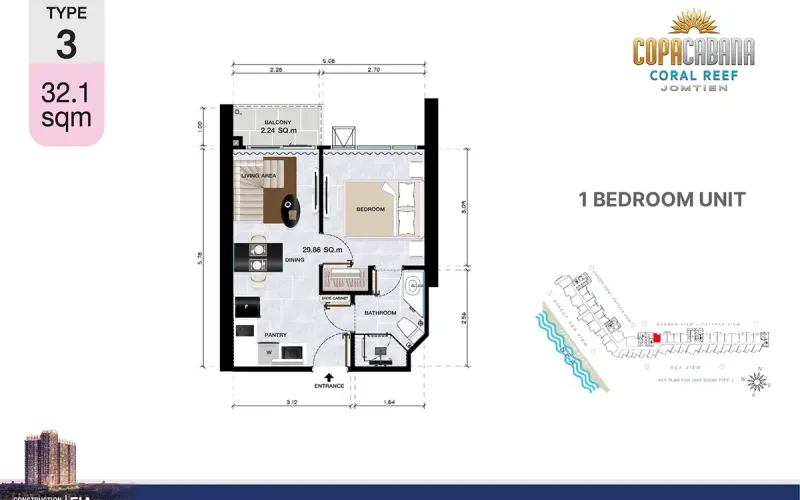 Vzorový 1 izbový apartmán 32,10 m², typ 3