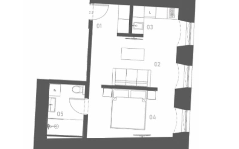 Rezidencia Trojka - vzorový apartmán 1+kk A1