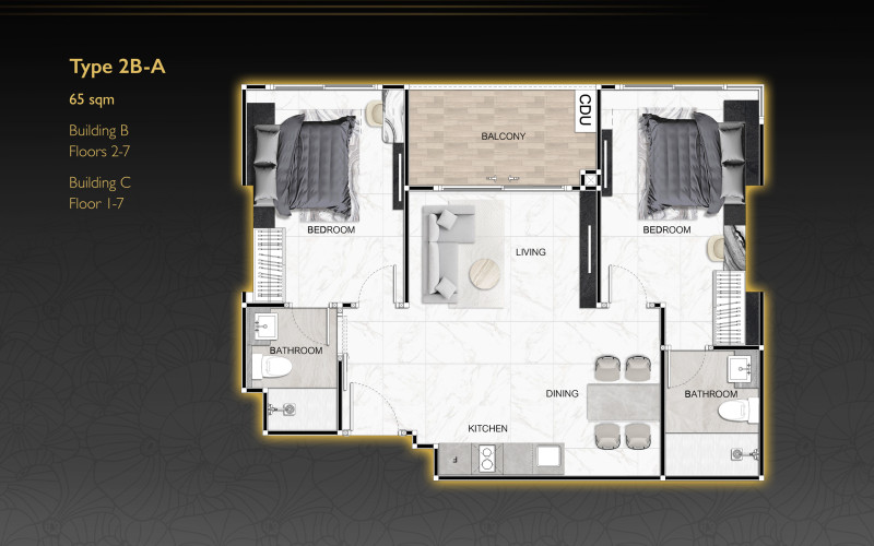 Vzorový 2 izbový apartmán 65 m² typ 2B-A