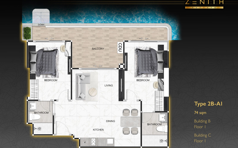 Vzorový 2 izbový apartmán s prístupom do bazéna 74 m² typ 2B-AI