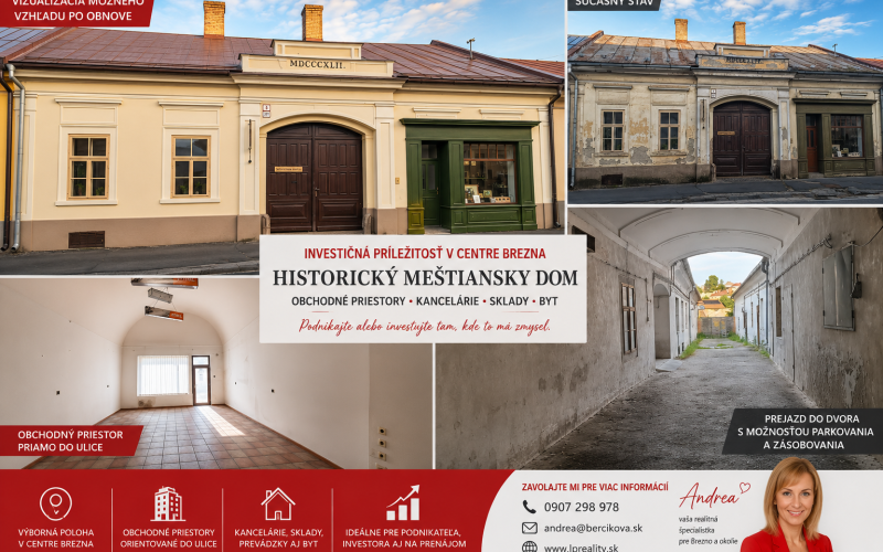 Historický meštiansky dom v centre Brezna s obchodnými priestormi a bytom