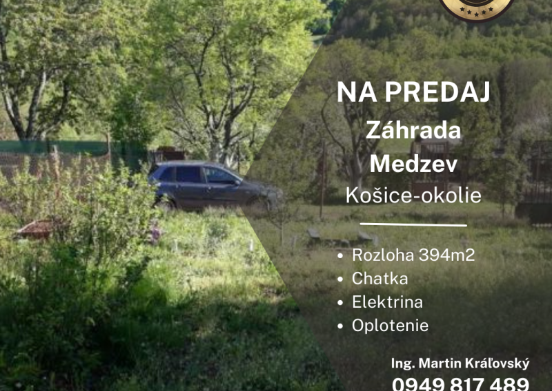 REZERVOVANÉ Na predaj záhrada Medzev, Košice-okolie